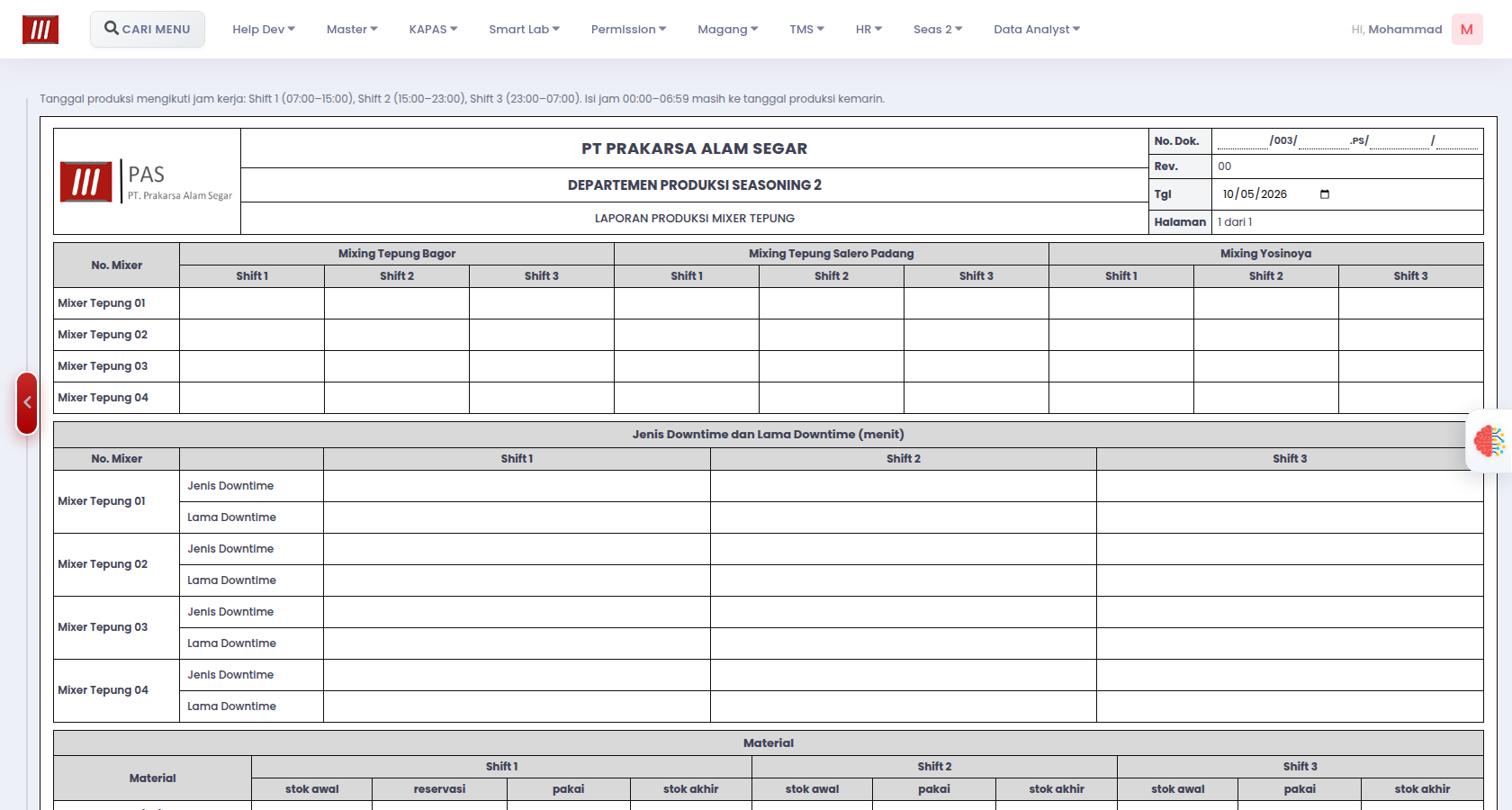 Mixer tepung production sheet