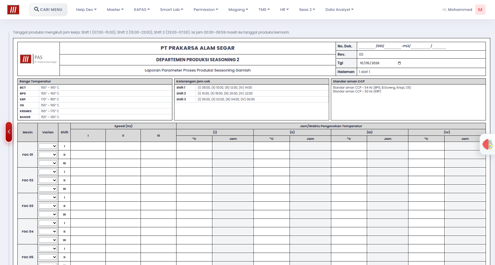 Garnish process parameter sheet